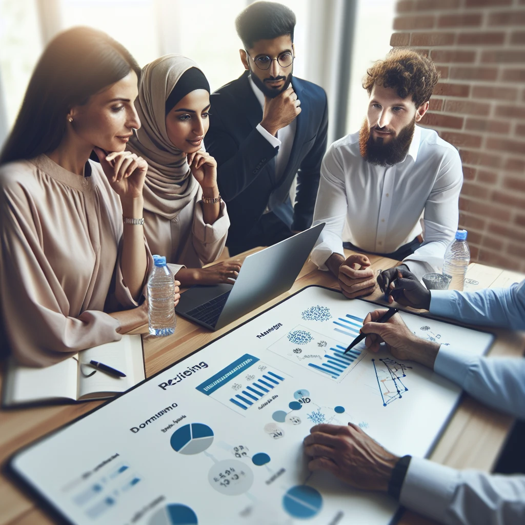 Team discussing pricing strategy on whiteboard